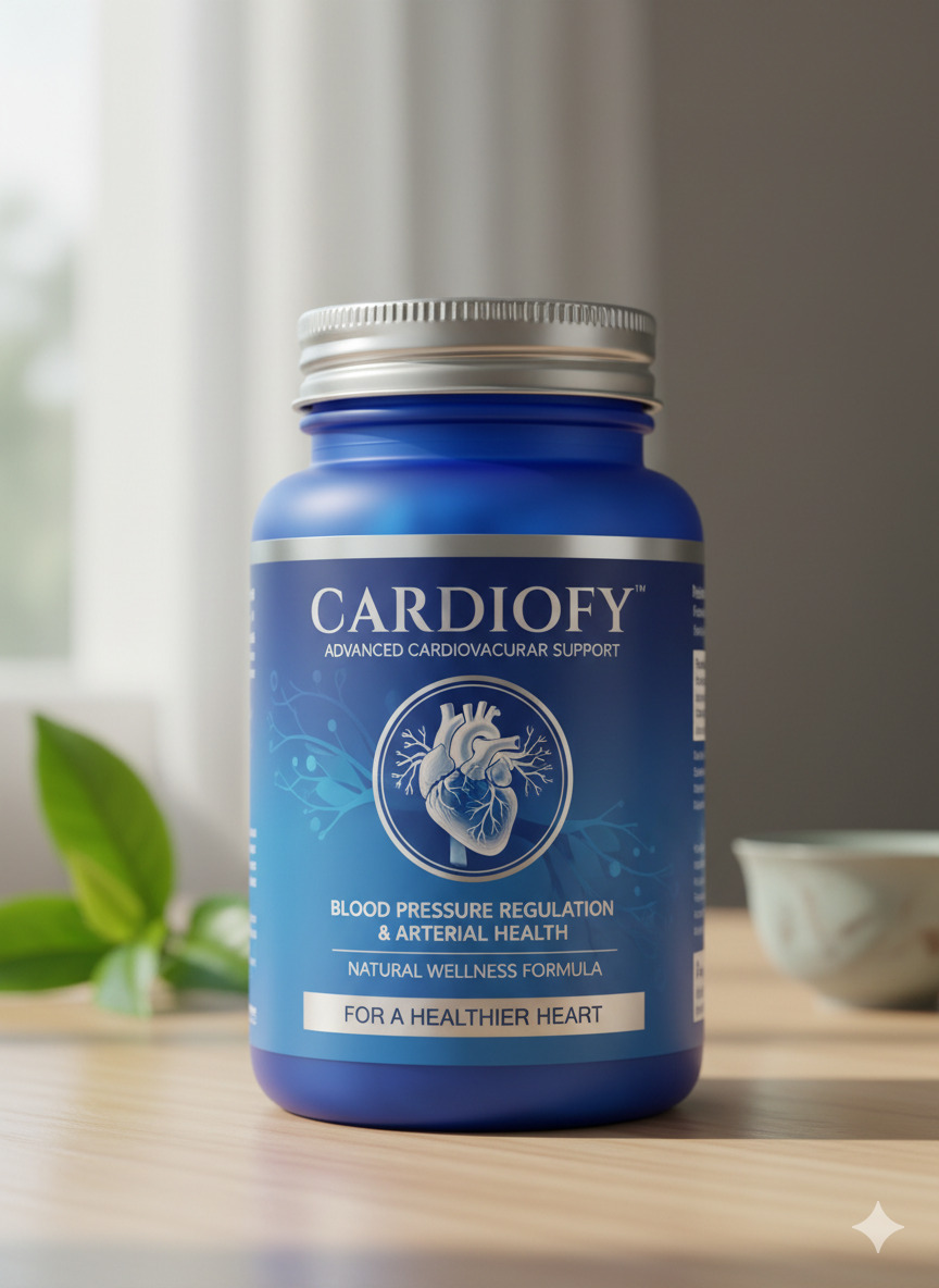 Cardiofy food supplement bottle and packaging on a neutral surface
